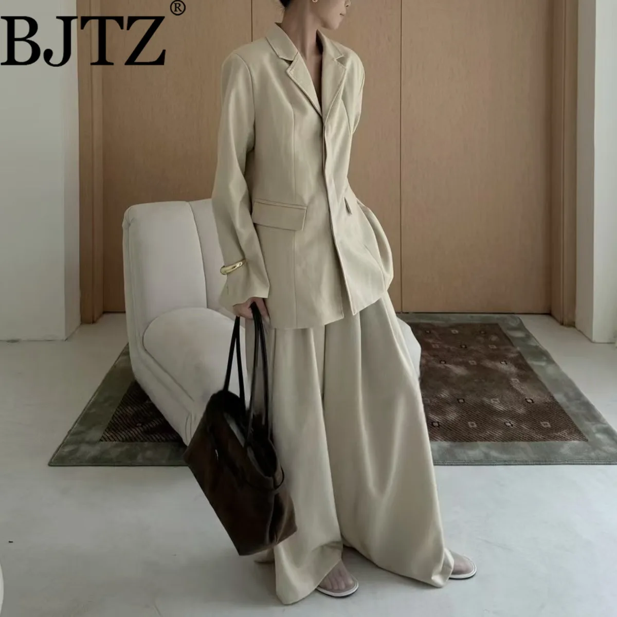 BJTZ Set giacca blazer vestibilità ampia solida per donna 2025 Blazer stile minimalista casual Top + pantaloni dritti a gamba larga Set due pezzi