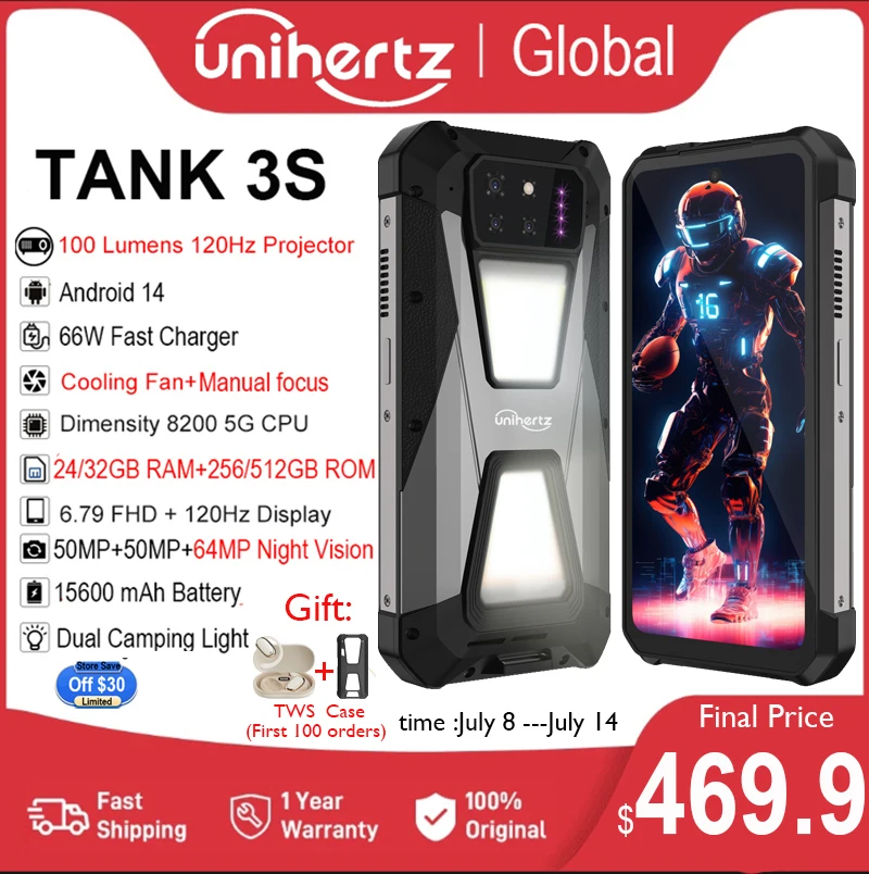 Unihertz 탱크 3s 8849 전원 휴대폰, 프로젝터 포함, 24 GB, 32GB, 256 GB, 512GB, 치수 8200 휴대폰, 15600mAh, 66W 스마트폰  Best5