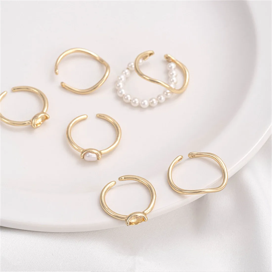 14K Gold Wrapped Pearl Wave Curved Ring Set with Rice Beads and Empty Holding Treasure Ring DIY Handmade Accessories B711