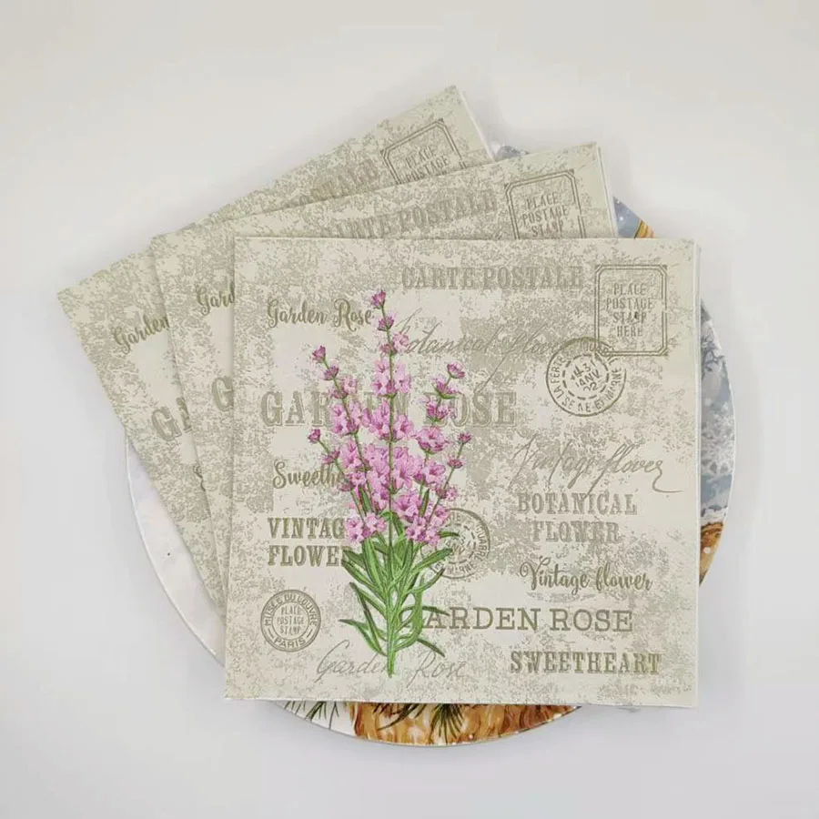 Serbet Kertas Motif Bunga Artistik 20 Lembar, Desain Taman Vintage dengan Stempel Pos Antik, Elegan 2 Lapis untuk Set Meja Pesta Kafe