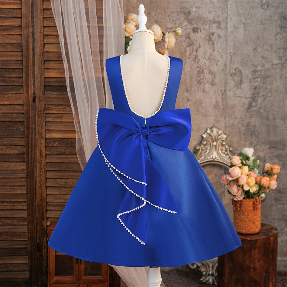 Girl Solid Backless Pearl Princess Dress Children Bow Evening Frock Kid Birthday Carnival Event Festival Party Formal Gown 8-12Y