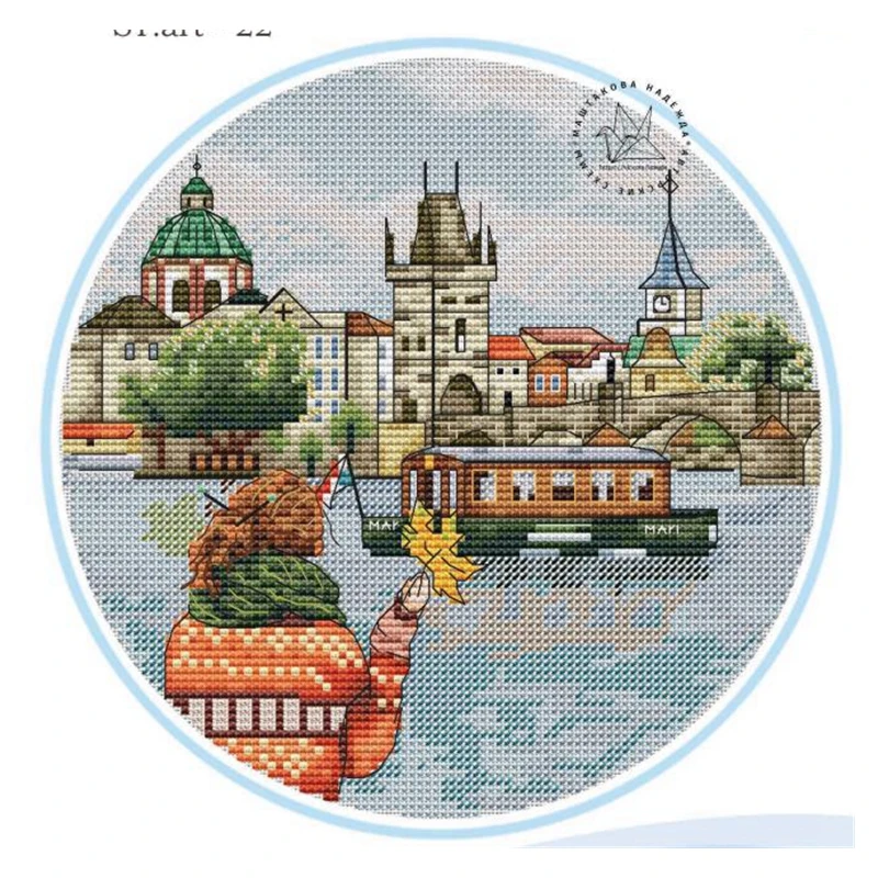 

Cross-stitch set: Girl's back view, Canal Boat scene, 28ct, 18ct, 14ct, 11ct. You can choose the printed fabric hand-embroidery