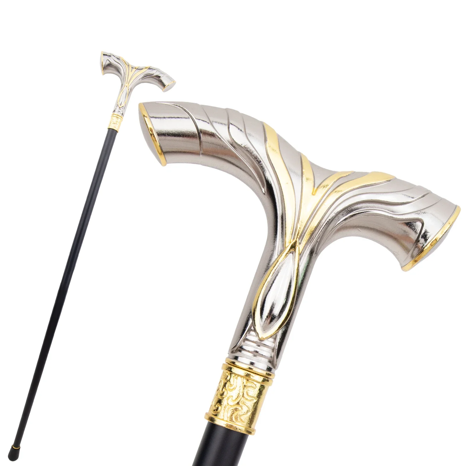 

Golden White Flowing Lines Single Joint Walking Stick Decorative Cospaly Fashionable Walking Cane Halloween Crosier 92cm