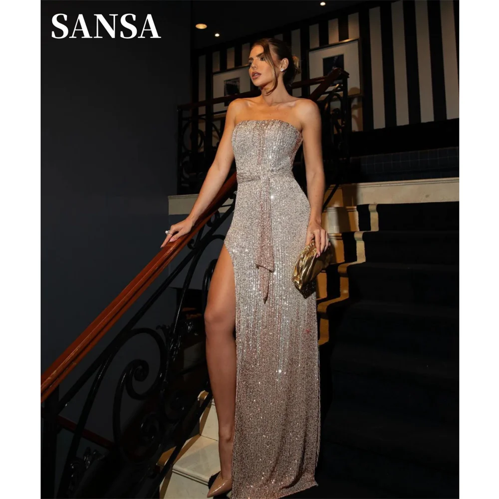 

Sansa Shiny Strapless فساتين السهرة Mermaid Side High Split Vestidos De Noche Elegant Sequin Prom Dresses 2024