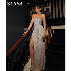 Sansa Shiny Strapless فساتين السهرة Mermaid Side High Split Vestidos De Noche Elegant Sequin Prom Dresses 2024