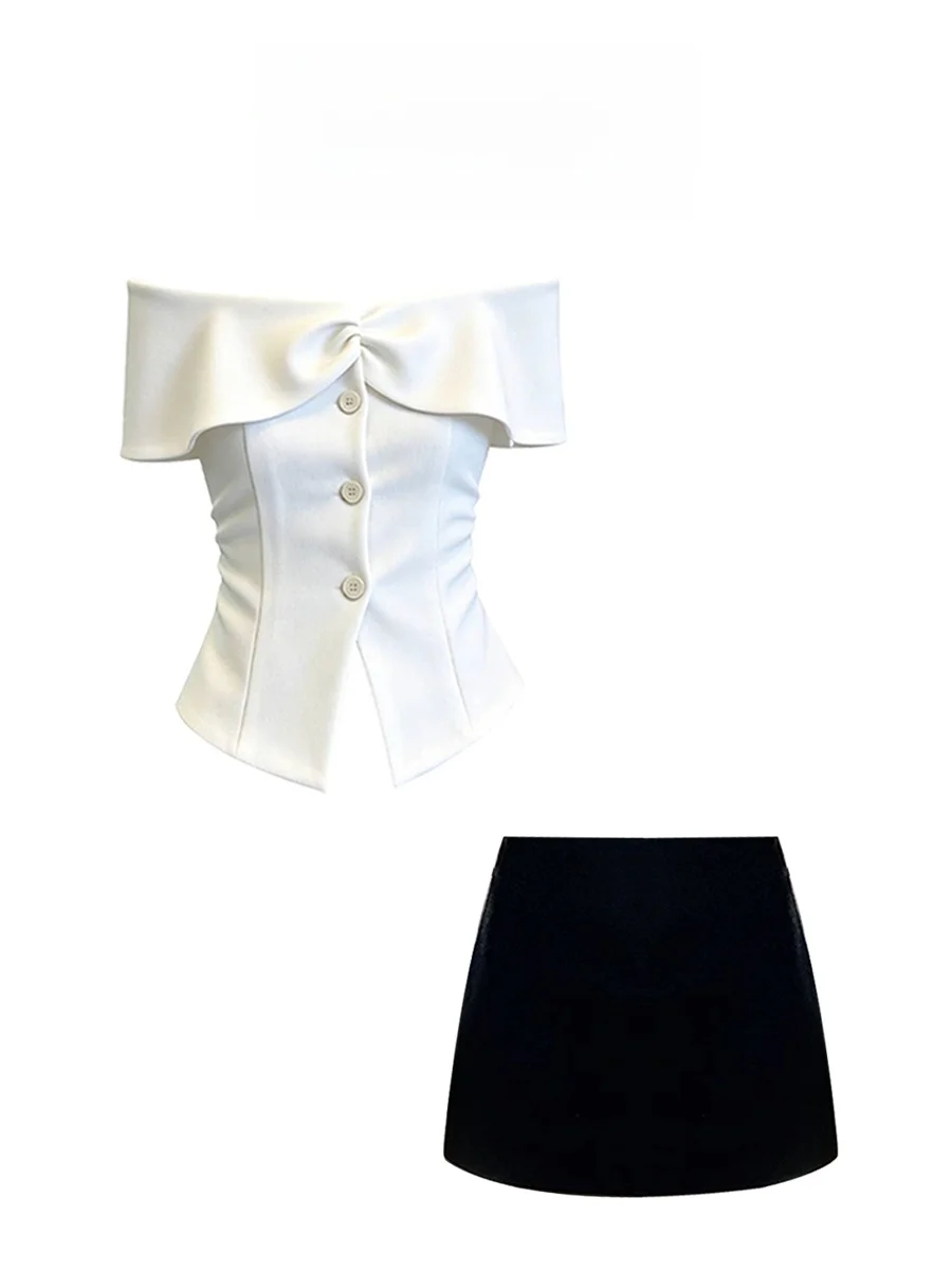 

Parkyeon Women's Fashionable Shoulder Bared Short Sleeve Shirt And High Waist Short Skirt Set Casual Loose Fit Summer Outfit
