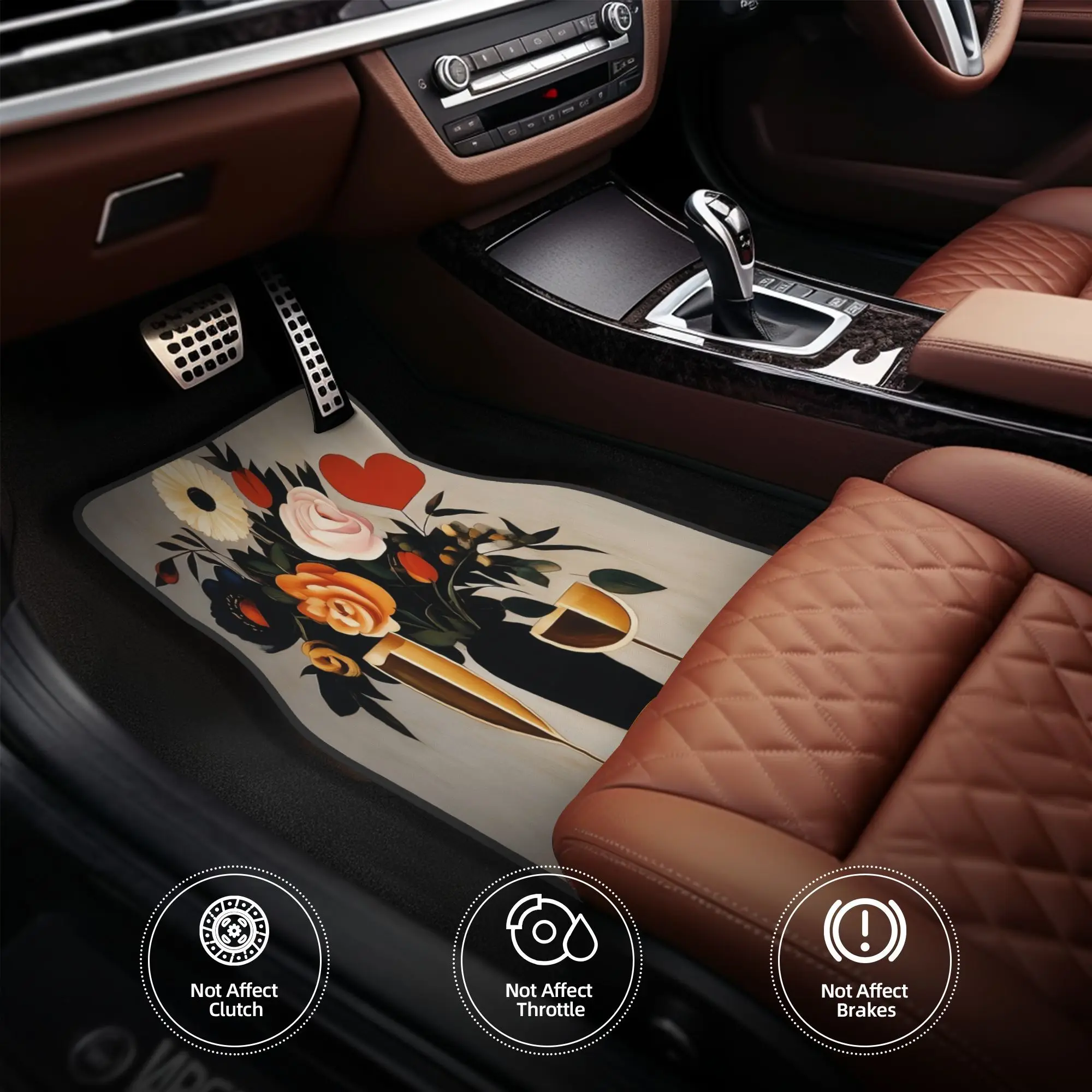 4pcs Floral Car Floor Mats - Durable Polyester Fiber, Fit For Cars, Vibrant Floral Design With Hearts, Ideal Gift For Halloween