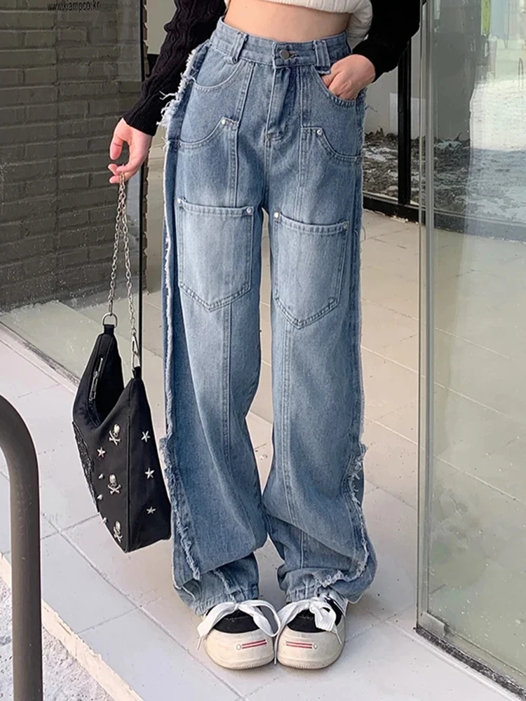 

Duomofu New Classic Multiple Pockets Loose Women Wide Leg Pants Autumn Blue Simple Casual Fashion Zipper Button Female Jeans