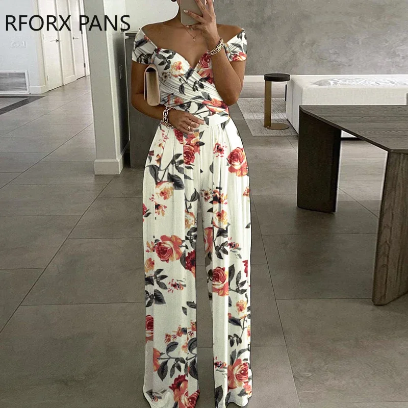 Frauen Kleidung Floral Print Kurzarm Breit Bein Overall Casual-Look für Frauen 2021