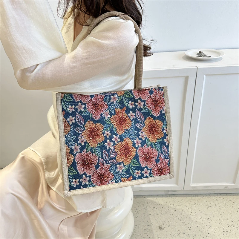 Casual Women's Floral Tote Shoulder Bag Retro Large Capacity Crossbody Bags for Women Linen Zipper Handbags Luxury Designer