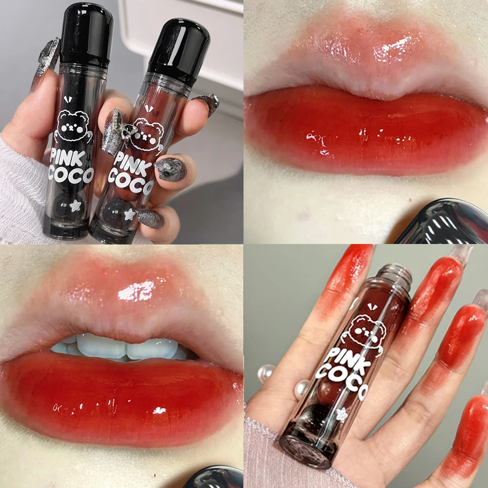 Cute Bear Red Lipgloss Black Mirror Glass Water Light Clear Lip Glaze Waterproof Non Stick Liquid Lipstick Nude Lips Tint Makeup