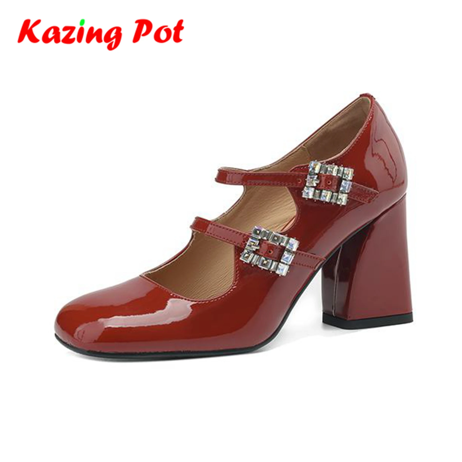 

Krazing Pot New Cow Leather Square Toe Women Summer Daily Wear High Heels Buckle Straps Gorgeous Mary Janes Crystal Buckle Pumps