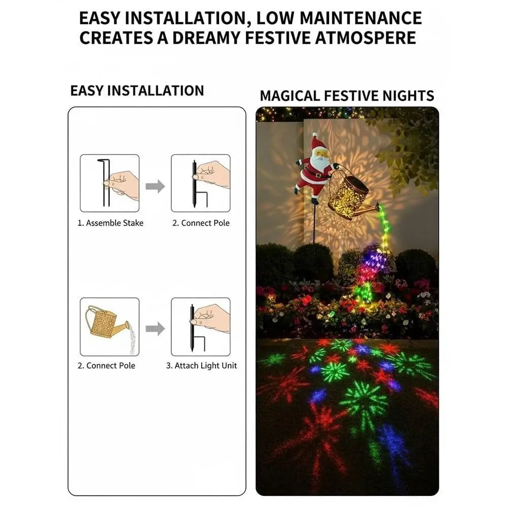 Solar Powered Santa Kettle Lights LED Illumination Ground Stake Christmas Garden Light Plastic and Metal Perforated Watering Can