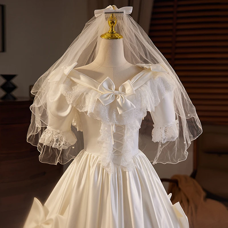 AnXin SH french retro princess white satin v neck ruffles flower lace puff sleeve big bow ball gown customized evening dress image 5