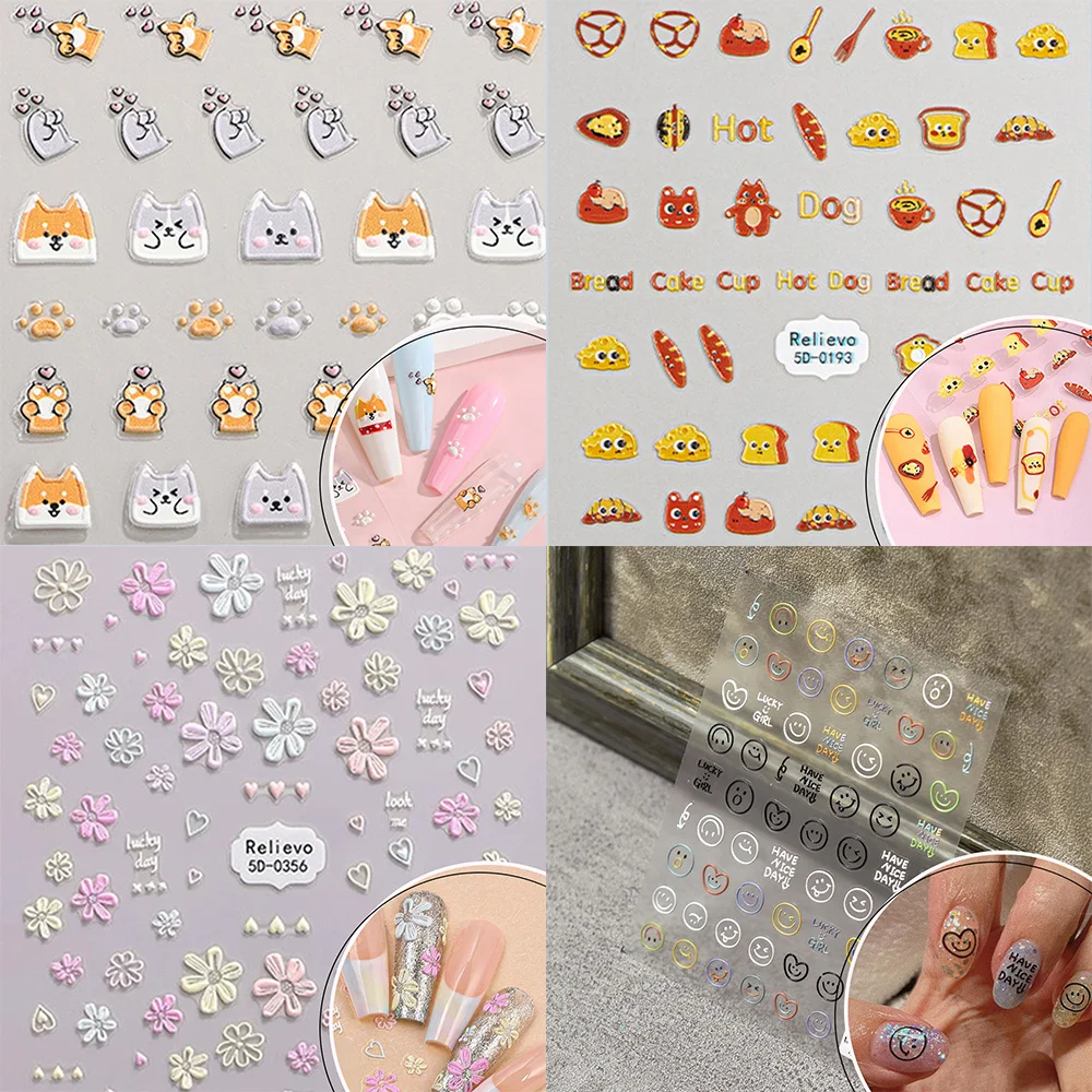 3/5D Cute Cartoon Animals Embossed Stickers Multi-style Colorful Flower Nail Tips Simple Drawing Bear DIY Manicure Accessories