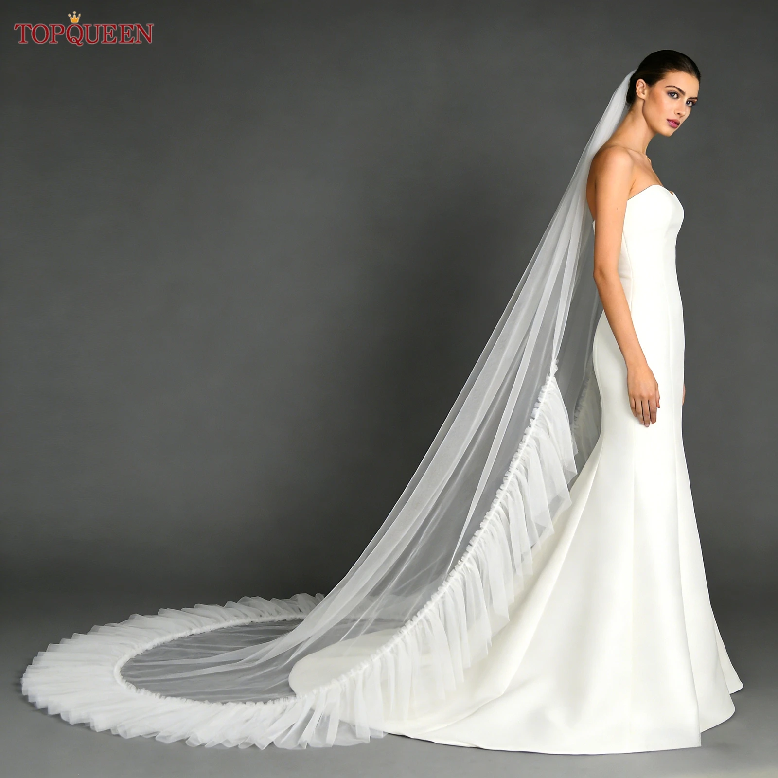 

TOPQUEEN Романтическая свадебная фата 1-уровневая фата Роскошная соборная свадебная фата с рюшами и кружевным краем для невесты, чтобы быть предметами V181