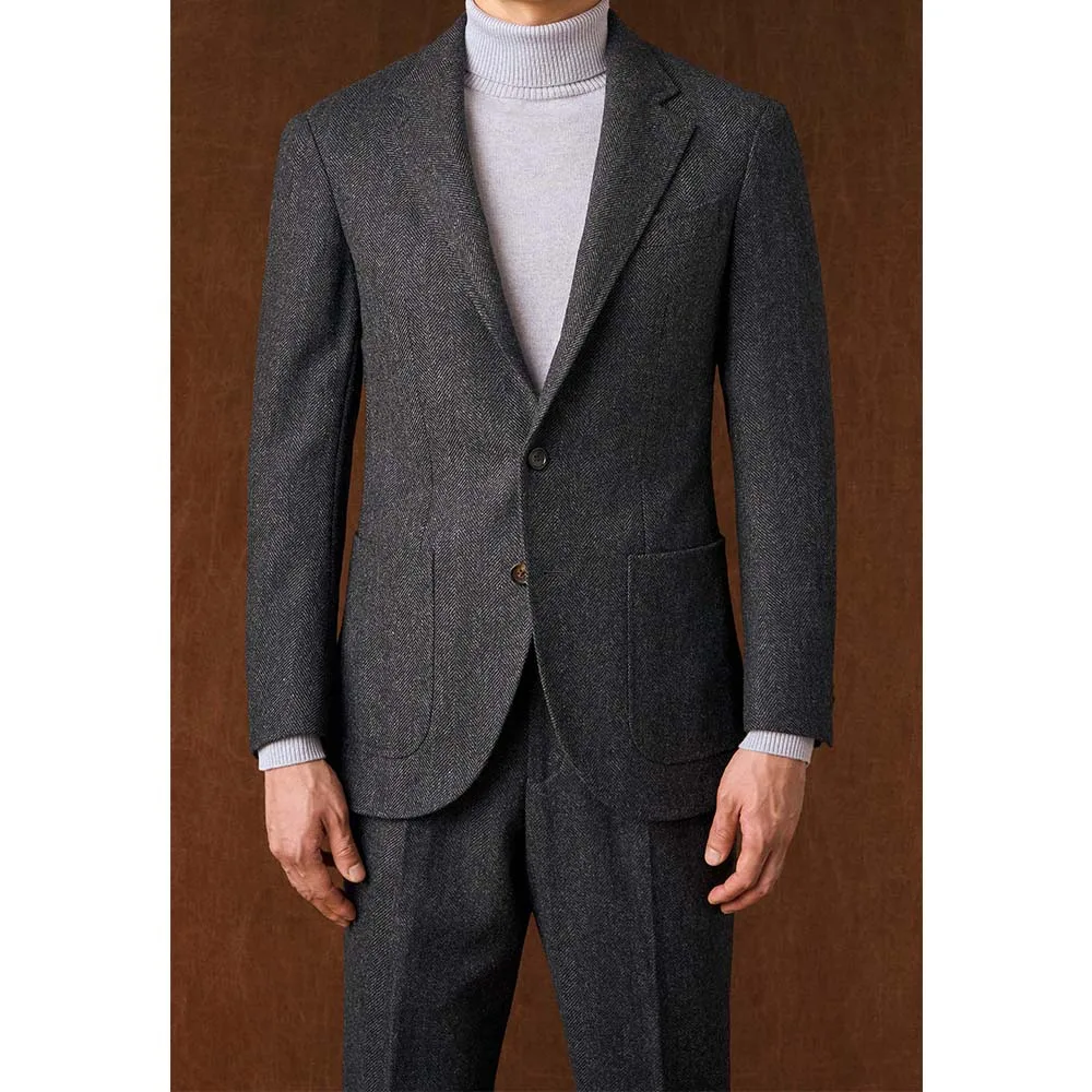 

Men's Herringbone Suit Set Black Single Breasted Slim Fit Comfortable Business Suit Elegant Formal Blazer Pants Office Wedding O
