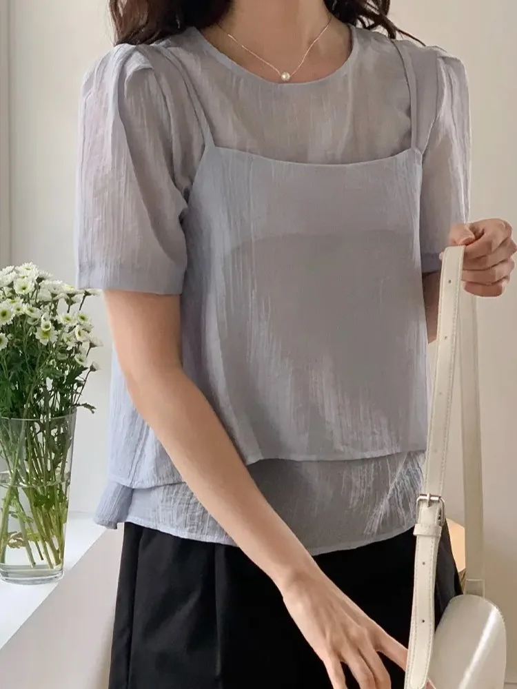 夏のシックな質感半袖シャツレディースファッション重ね着シースルーツーピースセットビジネスカジュアルバブルスリーブ