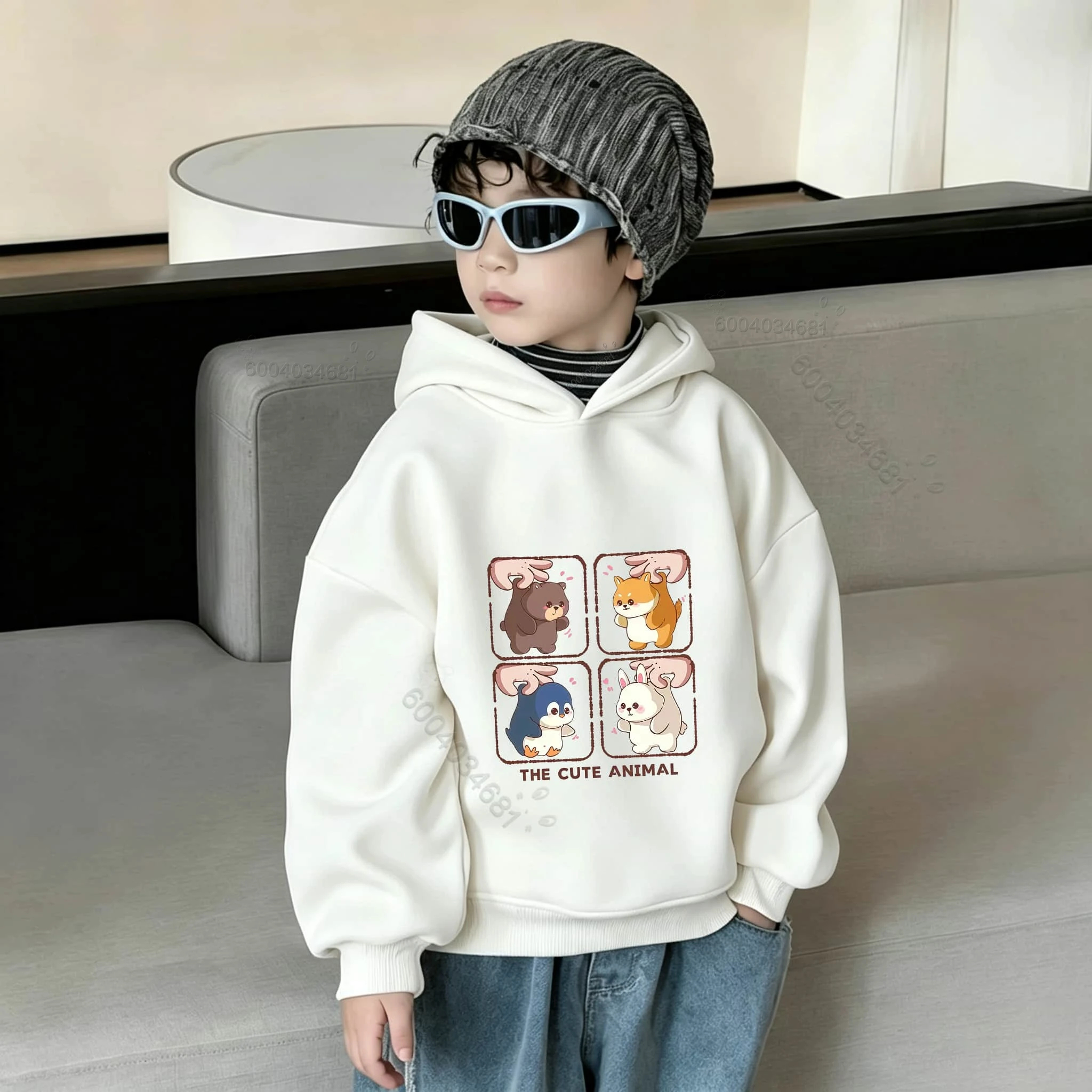 Trendiges, süßes Tiermuster-Kinder-Sweatshirt für Herbst und Winter, bequemes und warmes Alltags-Hoodie für Jungen und Mädchen. – Detail 9