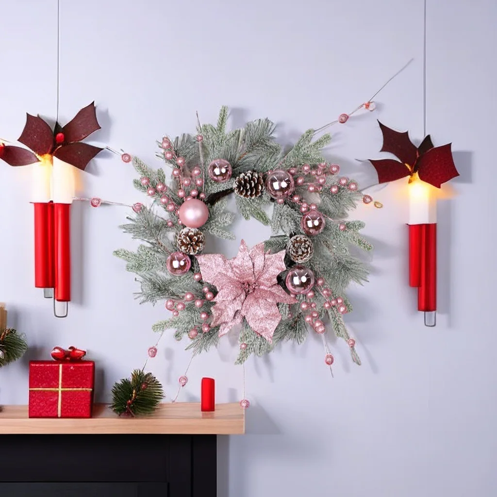 Christmas Pink Wreath with Balls Artificial Plant Rattan Garland Christmas Rattan Hanging Ornament for New Year Home Decoration