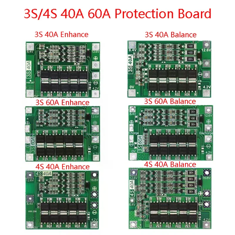 

3S 4S 40A 60A Защитная плата зарядного устройства для литий-ионного аккумулятора 18650 BMS для двигателя дрели Улучшение баланса 11,1 В 12,6 В/14,8 В 16,8 В