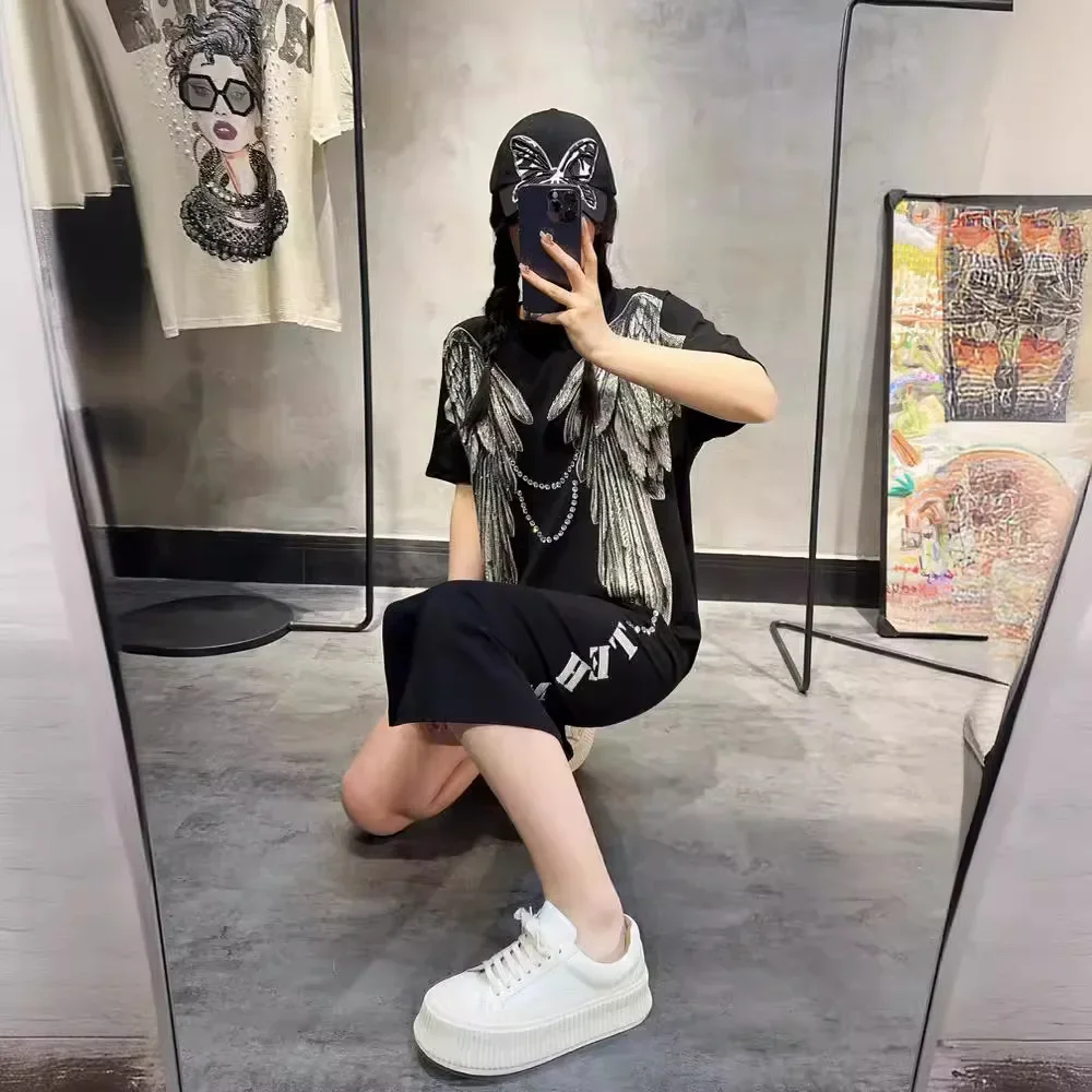 Fashion Brand Wings Rhinestone T-shirt Dress Women 2024 Summer New Hot Drilling Round Neck Short Sleeve Slit Black Long Dresses