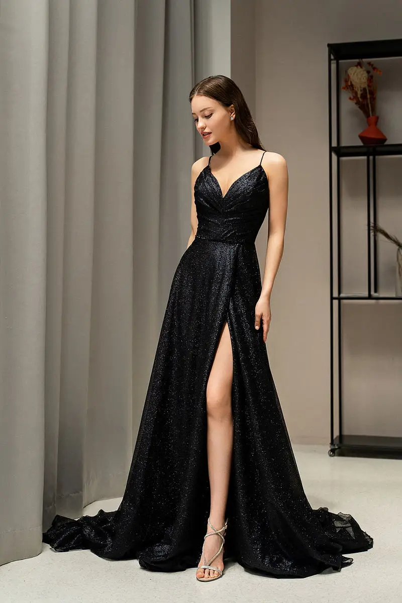 Women's Double V-Neck Sexy High Slit Sequined Pleats Evening Dress A-Line Simple Sleeveless Court Train Elegant Cocktail Dresses