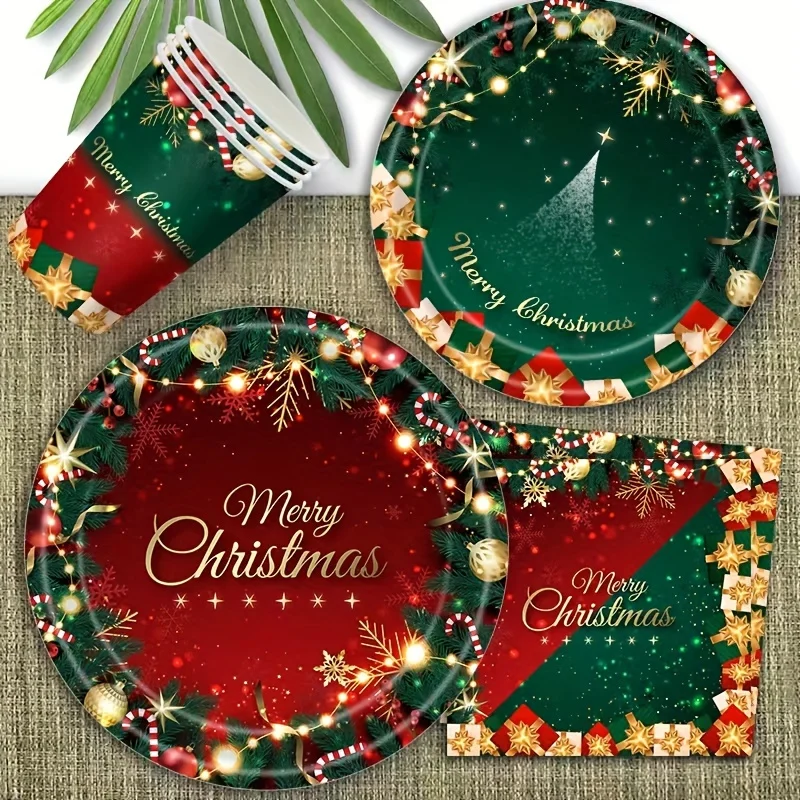 Einweg-Papiergeschirr, Frohe Weihnachten, Party-Set, rot, grün, Pappteller, Servietten, Tassen, Feiertagsfeier, festliche Lieferungen