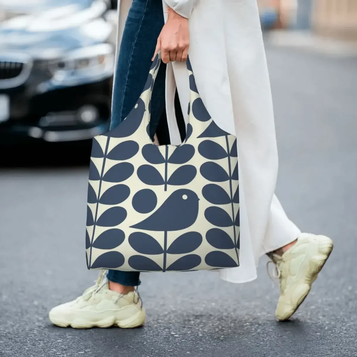 Personalizado kawaii impressão orla kiely início do pássaro marinho escuro sacolas de compras lavável lona shopper ombro fotografia bolsas