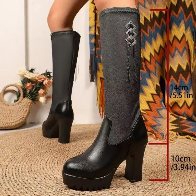 

Ladies Shoes Knee-High Women's Boots Plus Size 41 Modern Boots Women Crystal Fringe Side Zip High Chunky Heels Shoes Women New