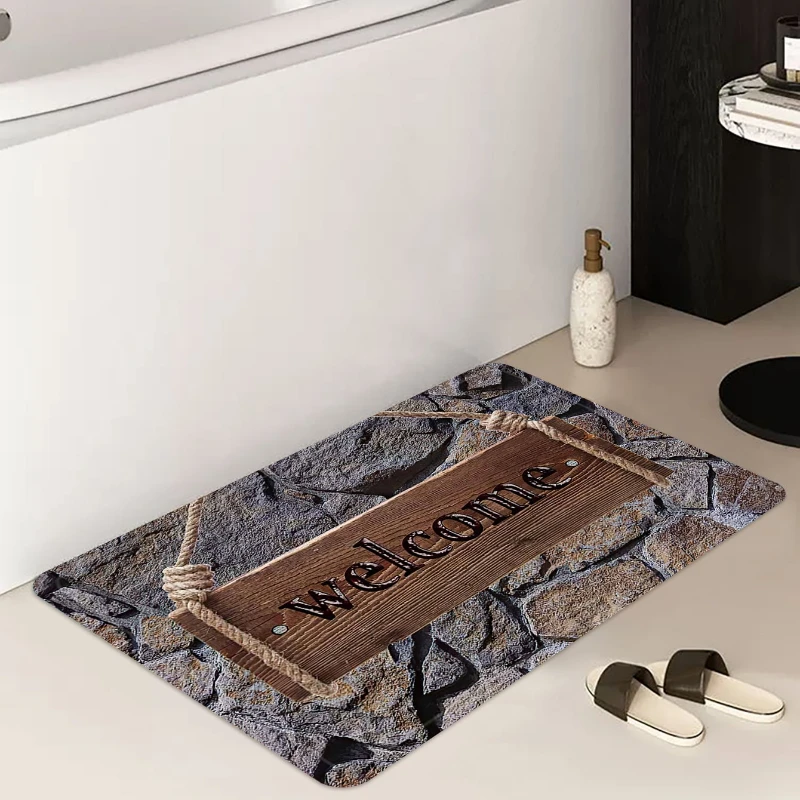 Stone and Letter Patterned Door Mat Velvet Rectangle Rug for Entrance Living Room Kitchen Bathroom Bedside Carpet  Welcome Mat