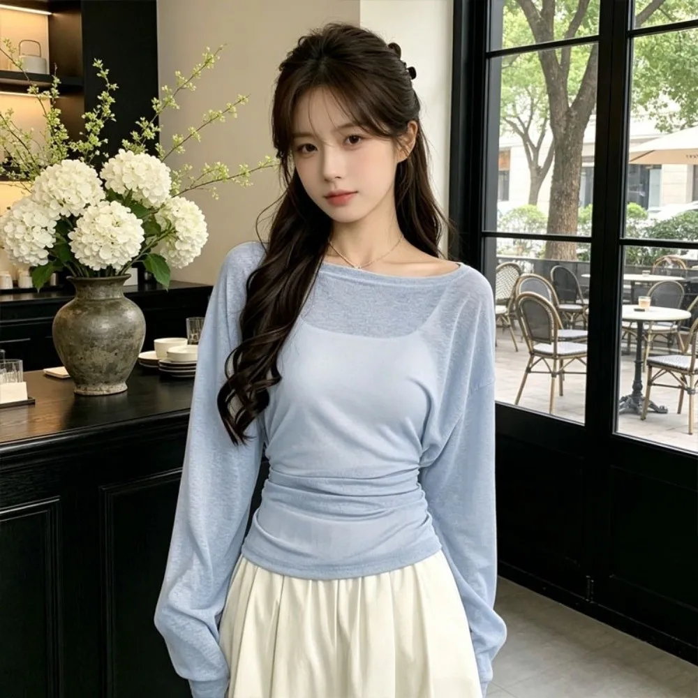 Solid Color Sheer Long Sleeve T-Shirt Off Shoulder Loose Oversize T-Shirt Back Tied-up See Through Top Women's Wear
