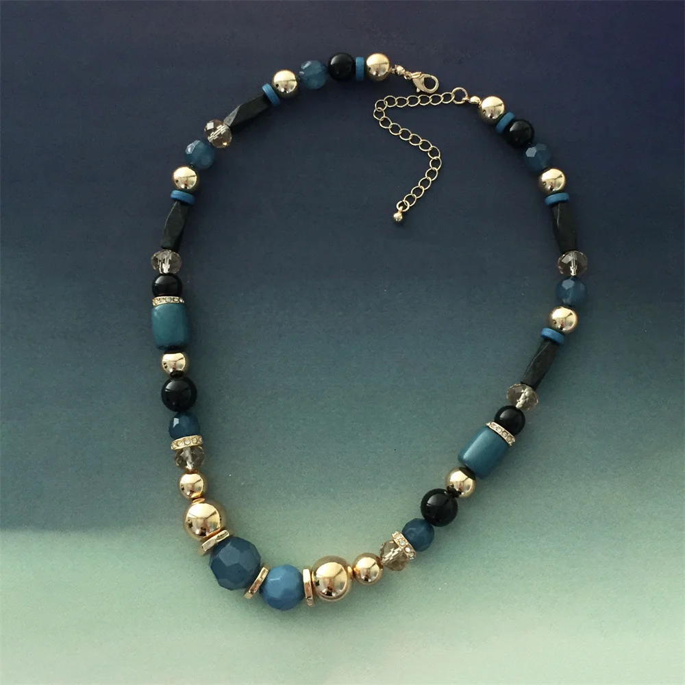 Casual Sweater Necklace Gold Color Plating  Blue Tone Stone Strand Necklace For Women Bohemia Statement Vintage Jewelry