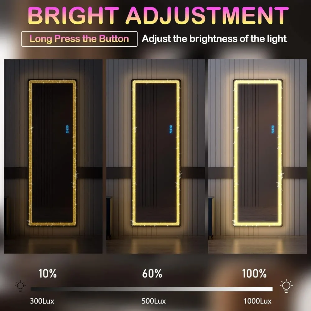 전신 LED 조명 거울, 크러쉬드 다이아몬드 효과, 63x20인치 독립형 바닥 거울, 전신 조명용