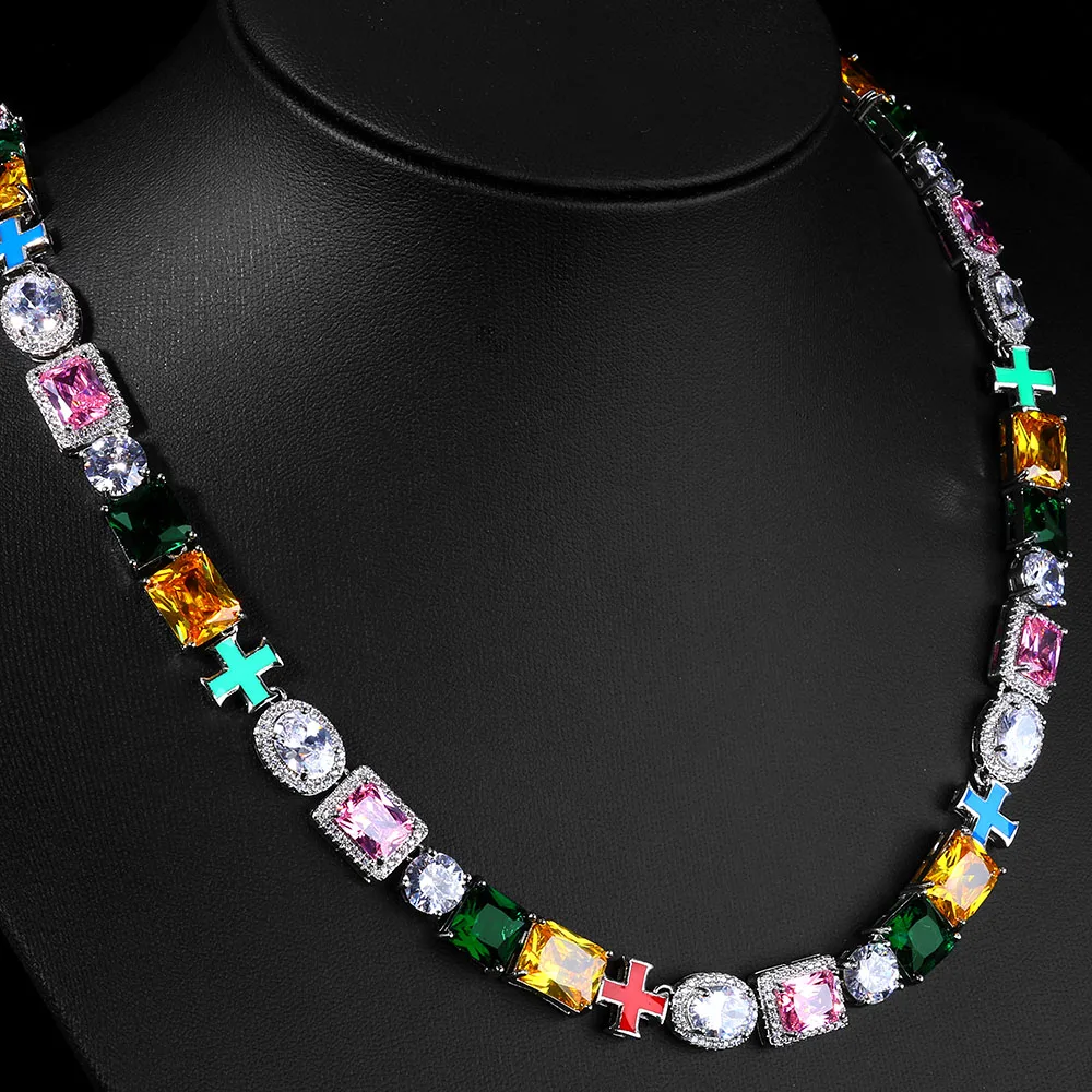 NY Hip Hop Jewelry Rainbow Zircon Necklace 18k Gold Plated Geometric Colorful Cross Link Chain Fashion for Women