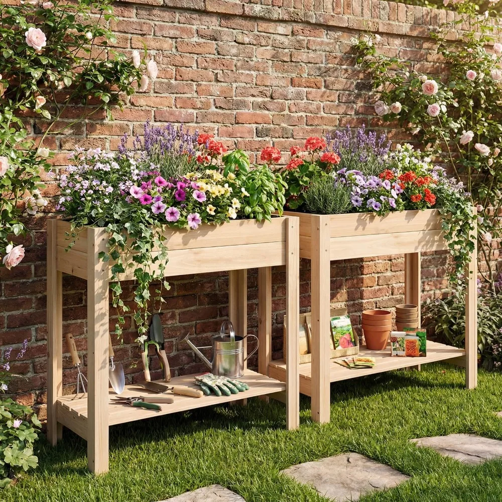 

Wooden Raised Garden Bed w/Legs, Storage Shelf, Liner, Drainage for Backyard