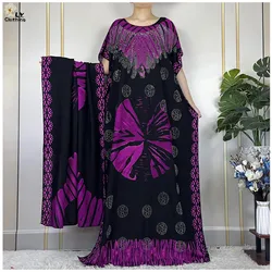 2024 Latest African Women Summer Short Sleeve Dubai Kaftan Diamond Printed Cotton Maxi Muslim Femme Loose Dress With Large Scarf