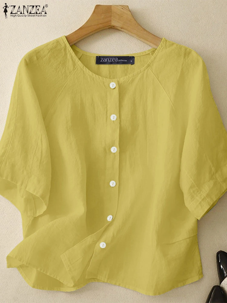 2025 Women Summer Shirts ZANZEA Elegant O Neck Short Sleeve Solid Work Blouse Casual Loose Cotton Tops Button Up Blusas Oversize - Image 4