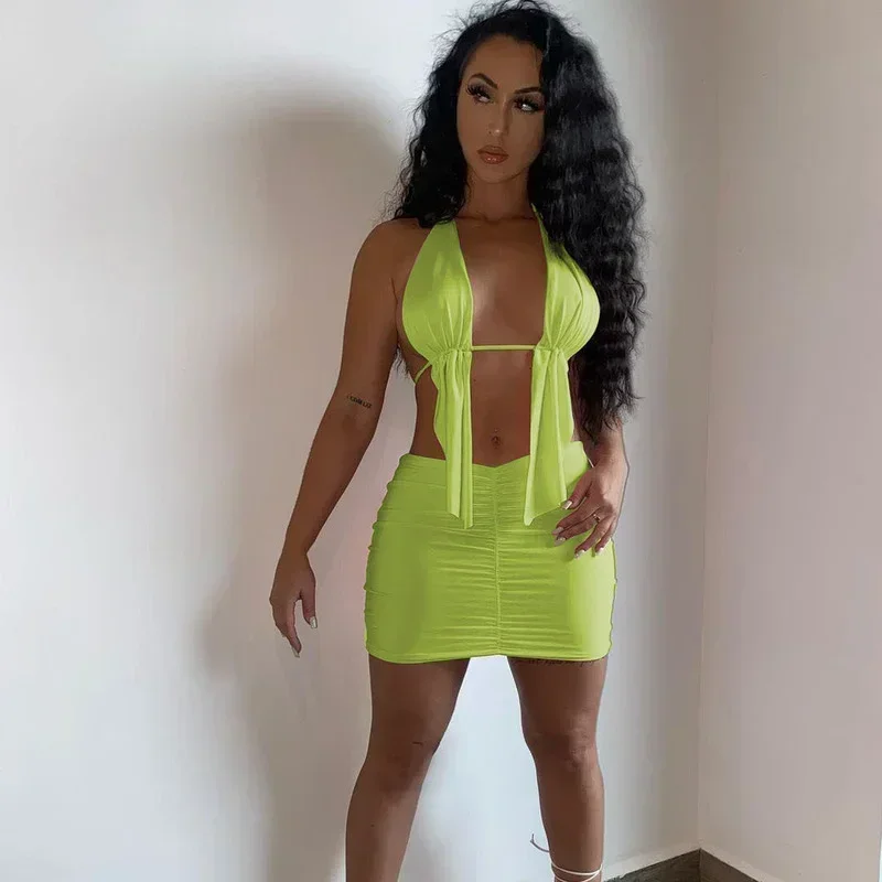 

GUWU Summer Women Set Backless Halter Crop Top and Shorts Suit Active Sexy Night Club Party Two Piece Outfits