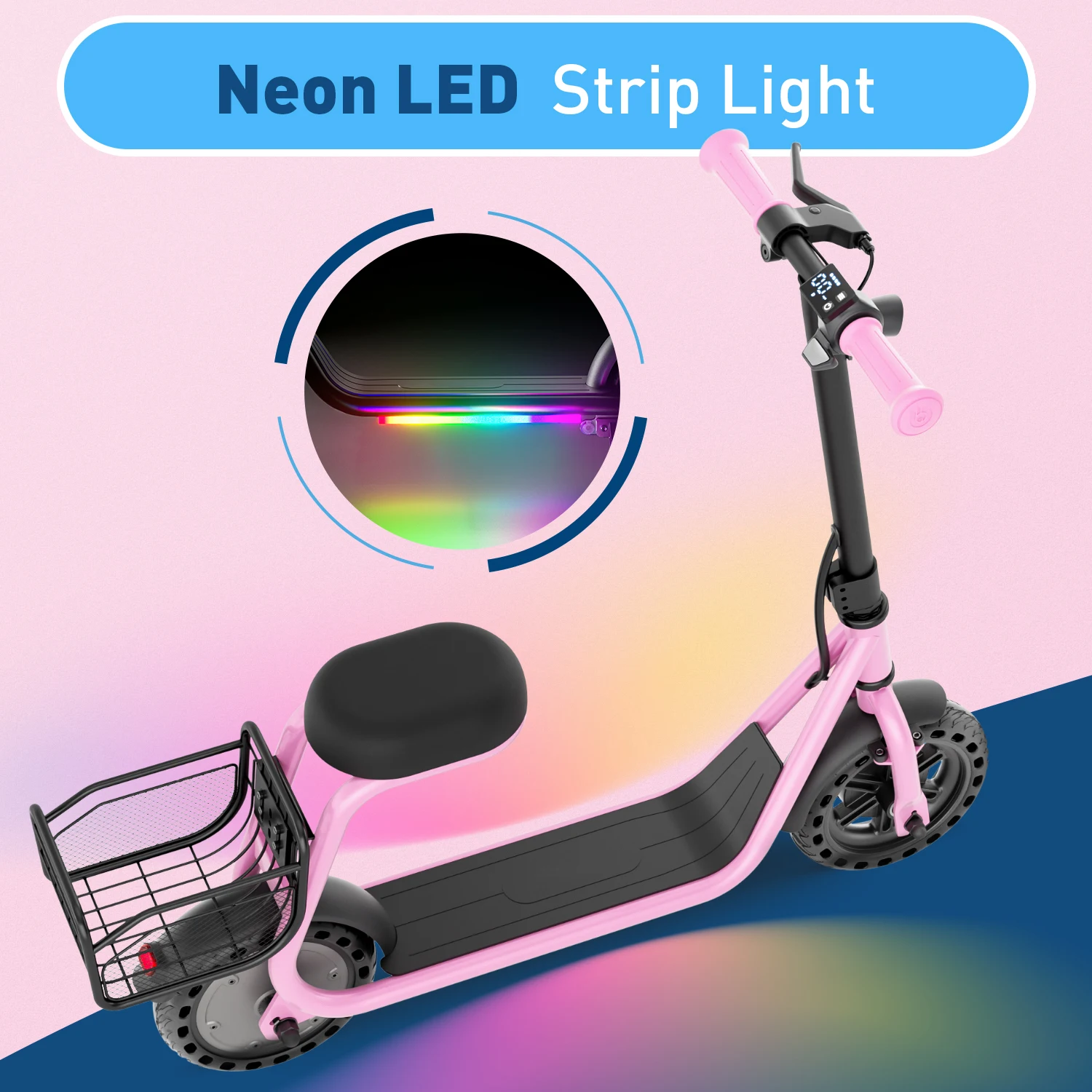 Hulajnoga elektryczna z siedziskiem dla dzieci w wieku 4-10 lat, certyfikat UL, silnik 100W, 3 biegi, prędkość 15 km/h, tylny koszyk, światła LED, wyświetlacz LCD