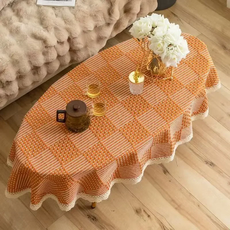 Nordic Stripe Coffee Table Tablecloth Cotton Linen Long Oval Tea Table Cloth Duck Egg-Shaped Living Room Tea Table Table Cover