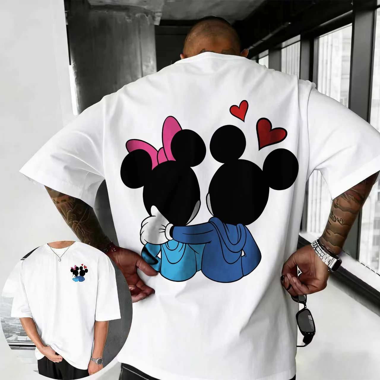 

2026 Summer Disney Mickey and Minnie T-shirt Men's Street Fashion 100% Pure Cotton Short-sleeved Casual Loose Breathable Top