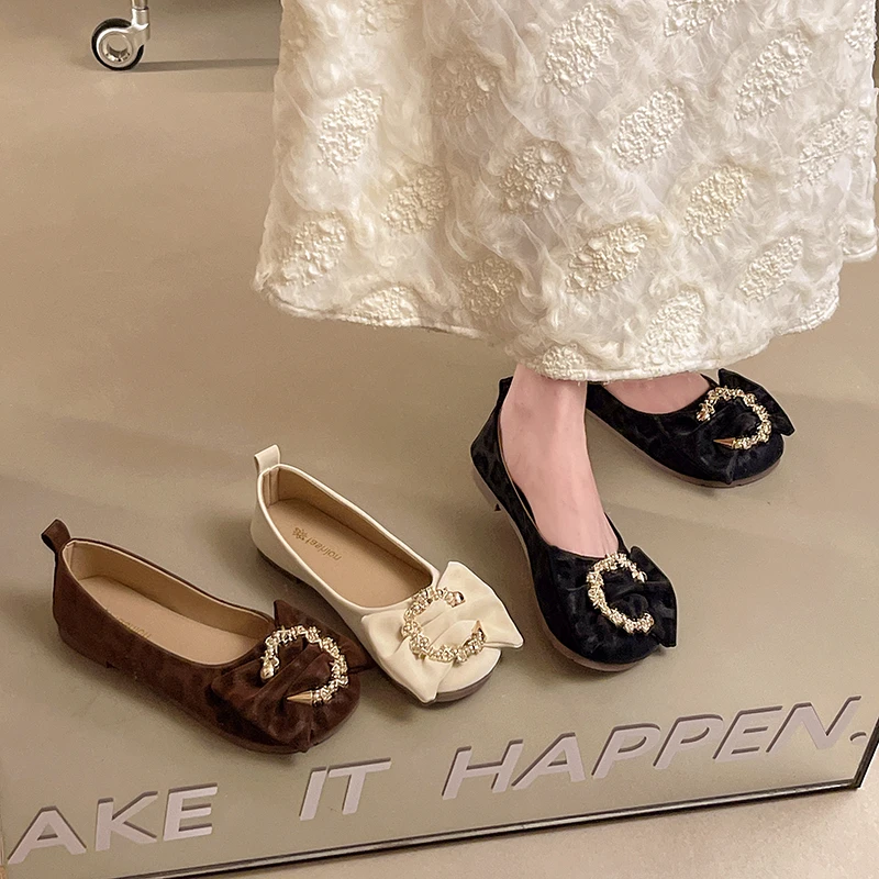 Damen-Ballerinas mit eckiger Zehenpartie, Strass-Schleife, Wildleder-Flachschuhe, bequeme Slip-On-Loafer, lässige Büro- und Abendschuhe