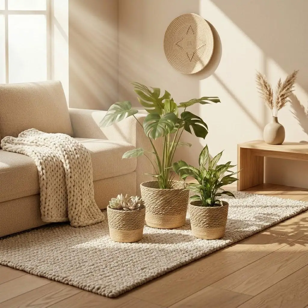 Cesta Plegable Nórdica de Dos Tonos de Fibra Natural para Plantas, Cubierta Boho Tejida para Macetas de Interior, Organizador Transpirable para Almacenamiento