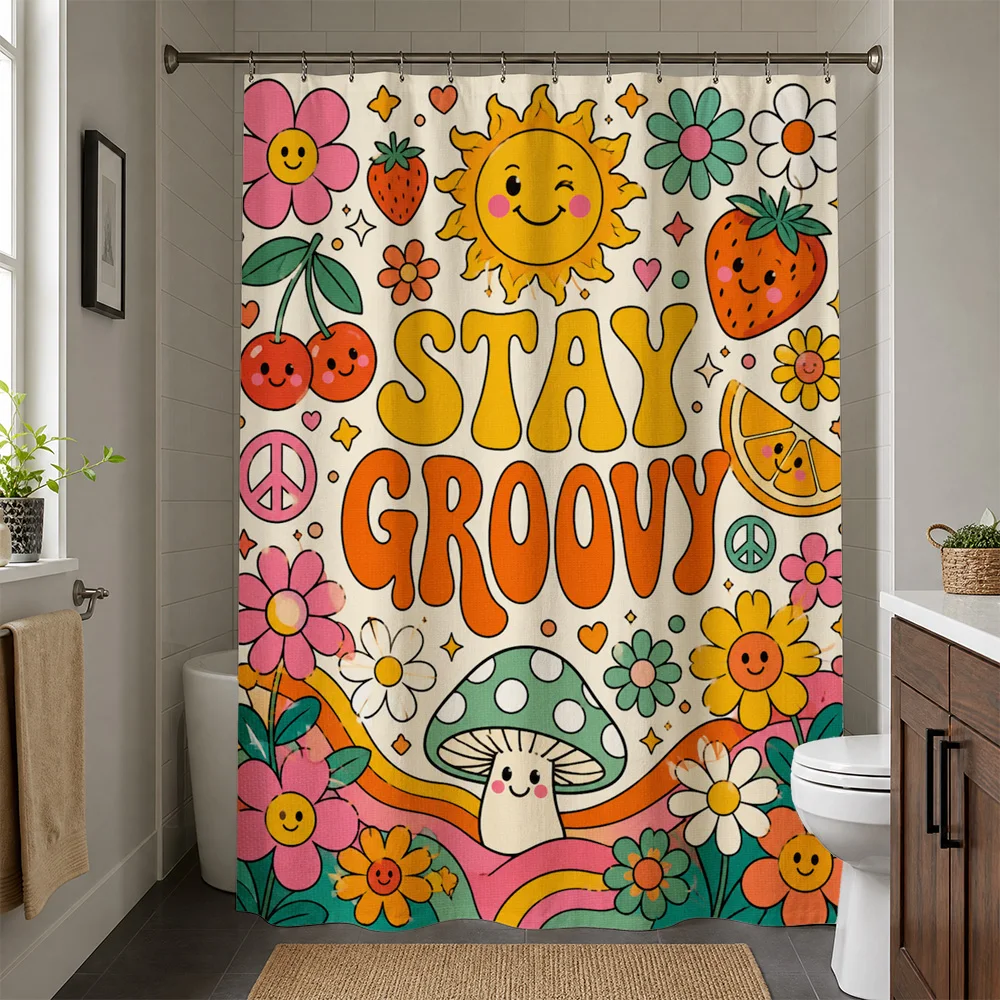 Whimsical Groovy Stay Groovy Hippie Flower Power Shower Curtain Boho Retro Bohemian Bathroom Liner Waterproof Cute Psychedelic A