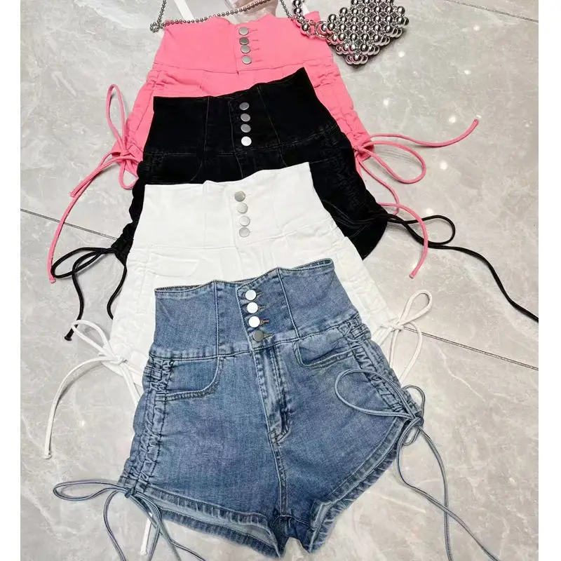 

Джинсовые шорты с высокой талией для женщин, летние, новые, больших размеров, синие, эластичные, с завязками, модные, широкие джинсы-шорты