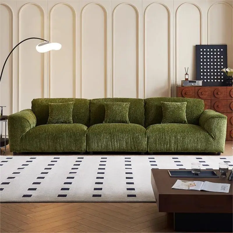 French Retro Grand Sofa, Mid-Century Chenille Straight Sofa Set with Adjustable Backrest for Living Room