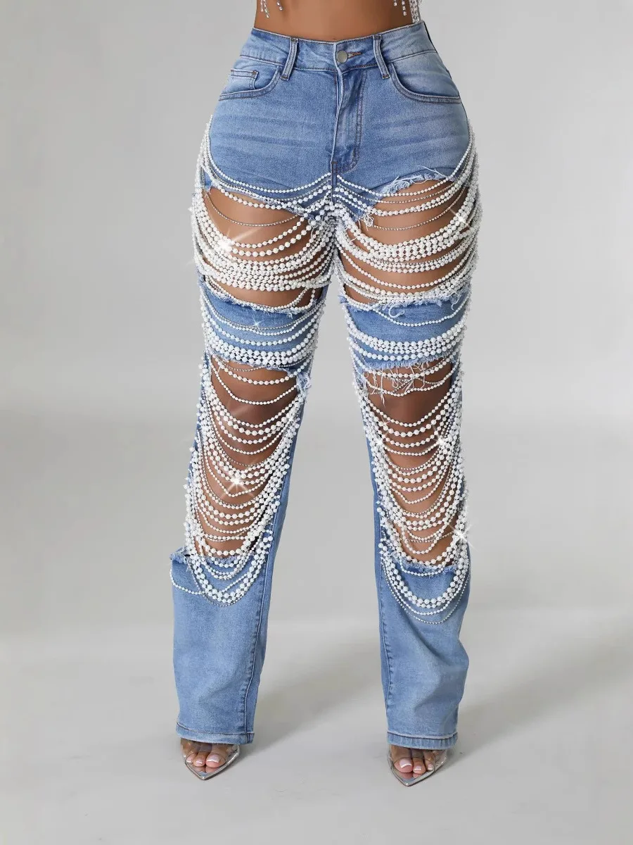 

Women Ripped Jeans Streetwear High Waist Straight Leg Distressed Denim Pants with Diamonds Chain Stretch Fabric Floor Trousers