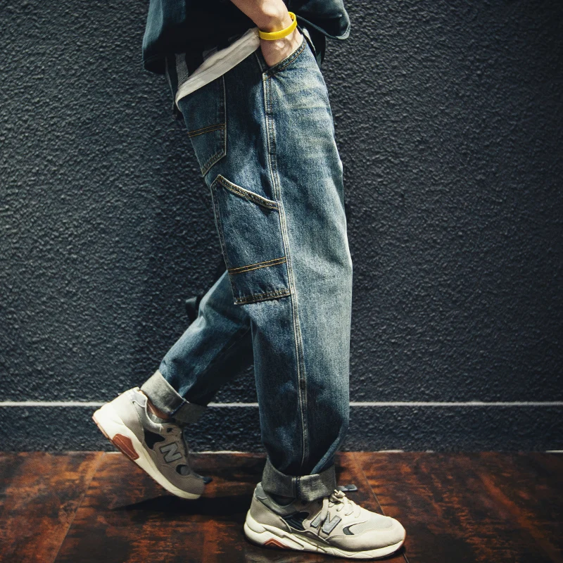 

Vintage Deep Blue Straight Leg Men's Jeans Loose Fit Casual Wear Durable Cotton Denim Youthful Style Comfortable Workwear