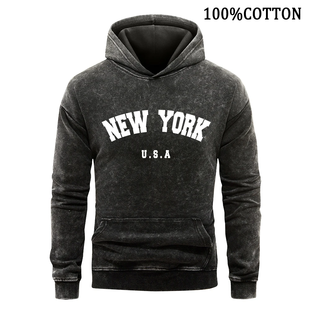 Come True New York 1968 Letter Man Hoodies Retro Washed Hoodie 100% Cotton Hoody Soft Comfort Pillover Sports Shirt Fashion Tops